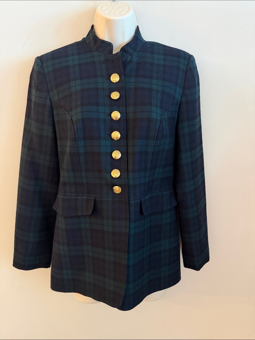Talbots Vintage Wool Navy Green Blackwatch Plaid Jacket Gold Crest Buttons 4P